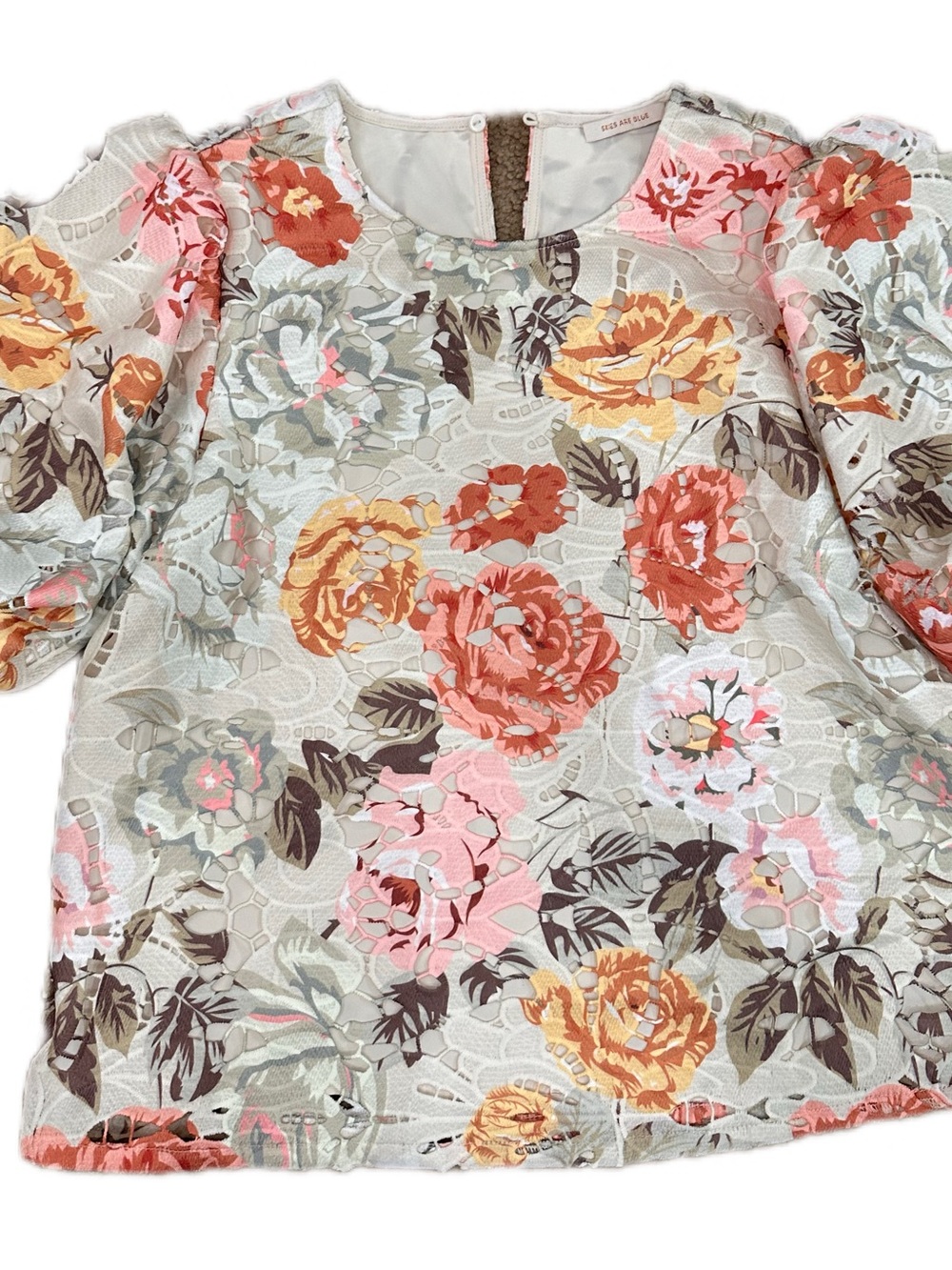 Skies Are Blue Floral Lace Puff-Sleeve Blouse in Cream, Pink & Orange
